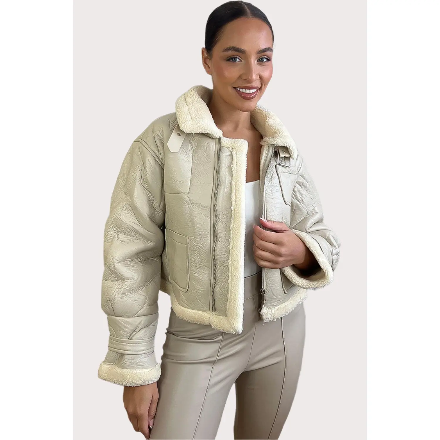 Faux Shearling Leather Aviator Jacket