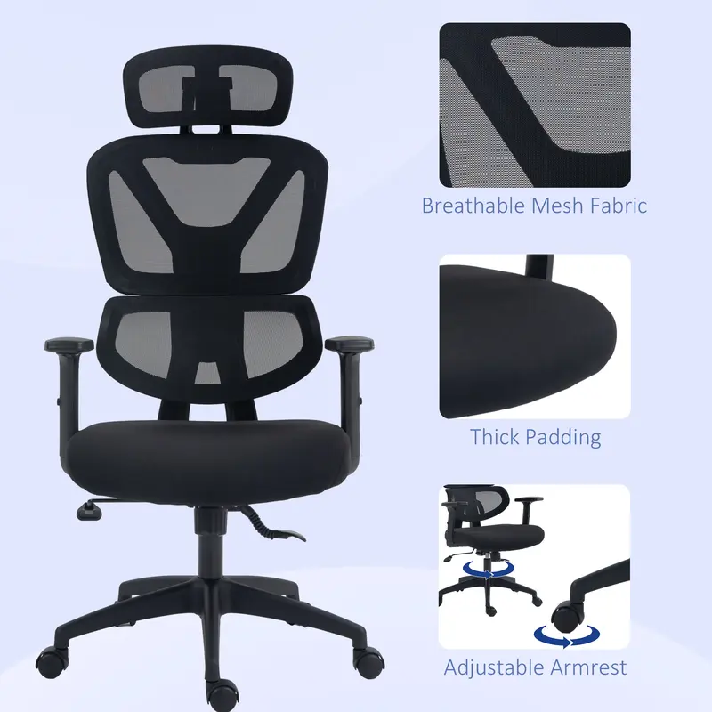 Vinsetto Ergonomic Office Chair, Mesh Swivel Desk Chair with Lumbar Support, Padded Seat, Adjustable Height and Headrest for Home Office, Black 7