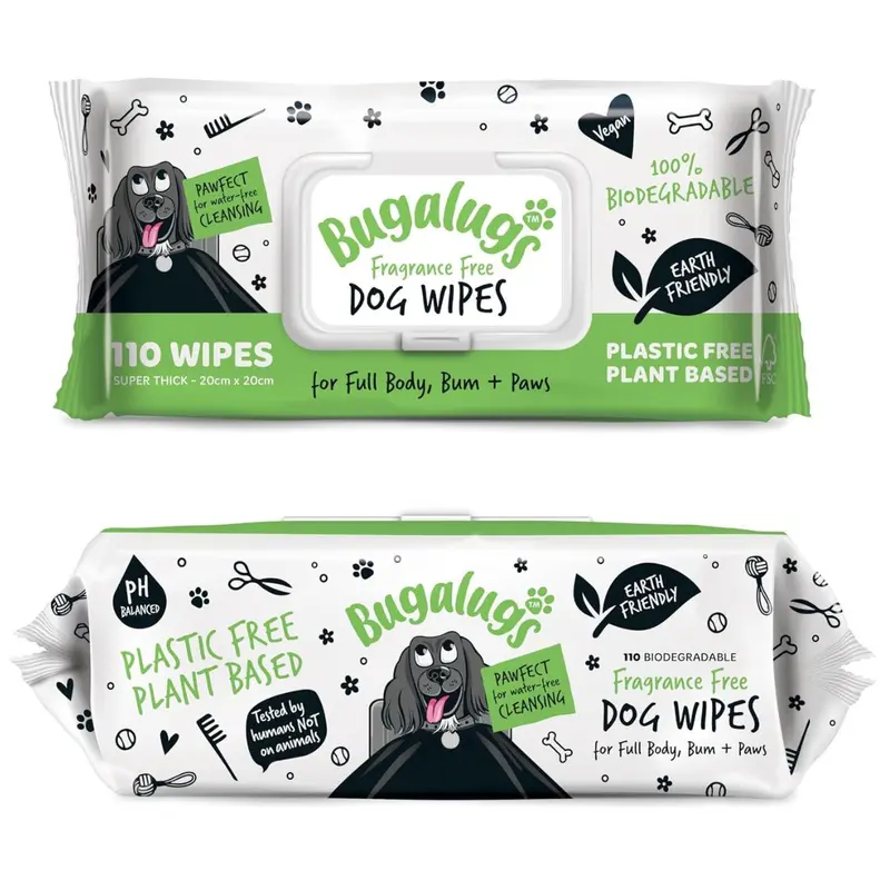 BUGALUGS Dog Wipes, 100% Plastic Free Biodegradable pet wipes for full body, eye wipes, ear wipes, bum & paws. 110 sensitive dog grooming wipes for dogs, puppy & cat grooming (Fragrance Free) 0
