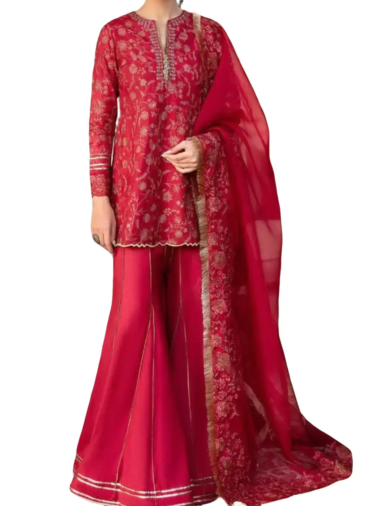 Ethnic, Rawsilk,  3 PC Stitched, Pink Red,