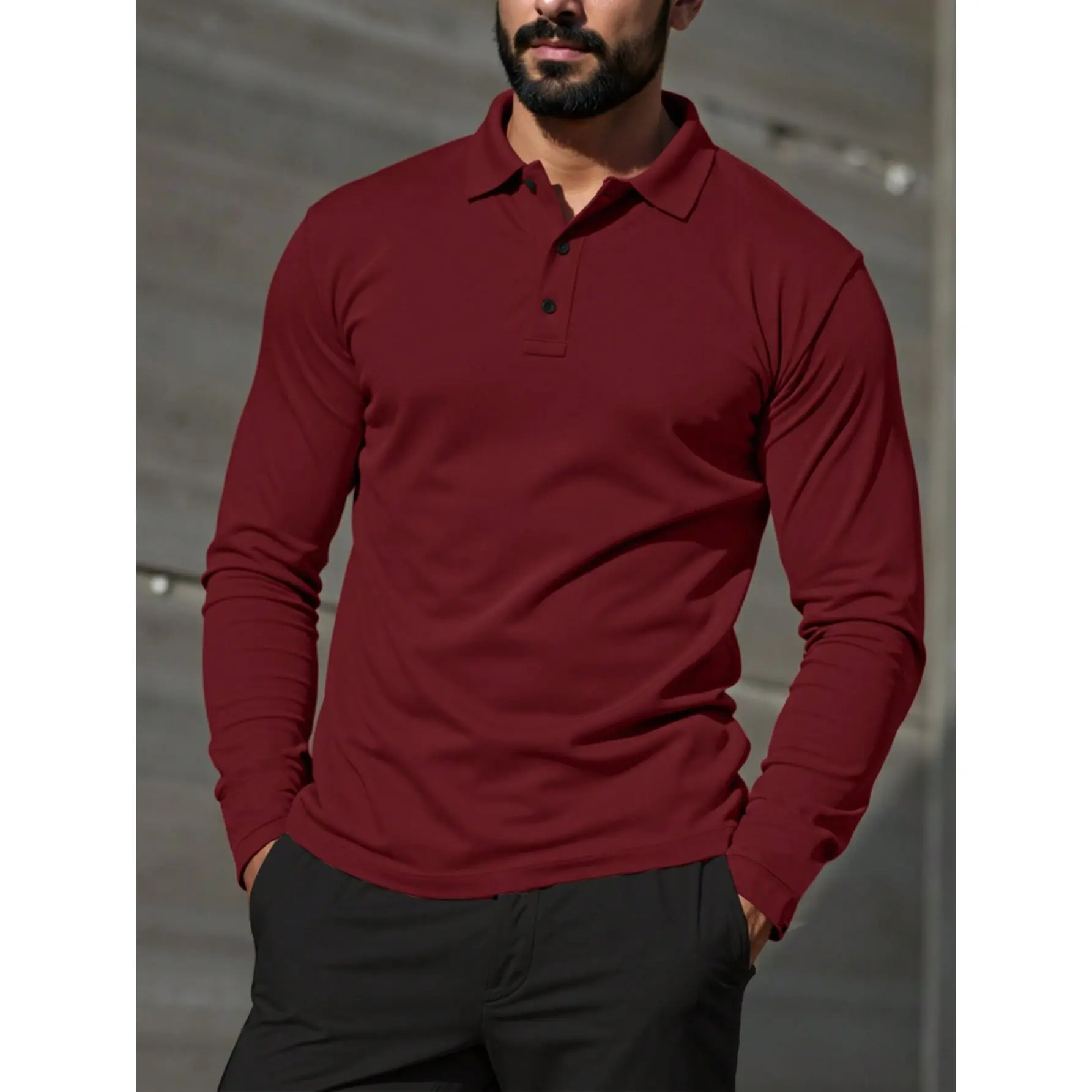 Manfinity Homme Men's Casual Solid Color Long Sleeve Polo Shirt, Spring & Autumn Menswear Stretch