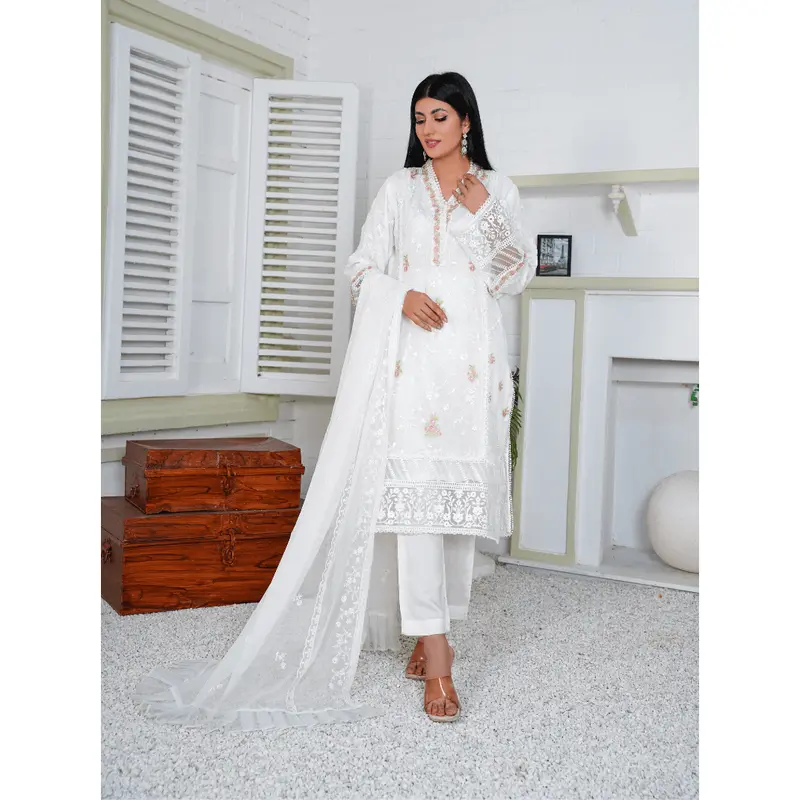 |BY-18| - Chiffon Embroidered Suit in White Color By Bin Younas Womenswear 0