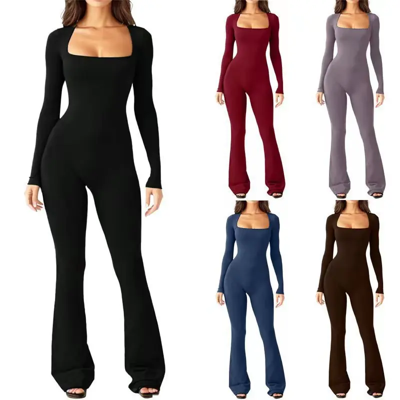 Women's long sleeved waist cinching and hip lifting square collar wide leg high elastic jumpsuit Clothing Outfit Womenswear