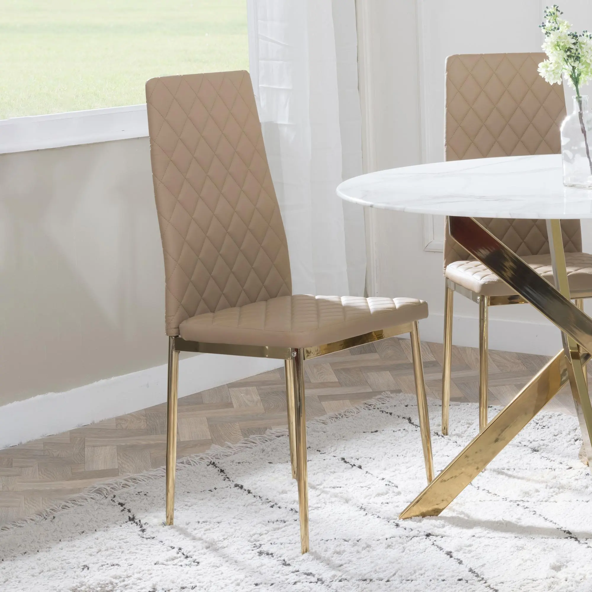 Set of 2 Metro Dining Chairs in Cappuccino Colour Leather and Gold Metal Legs room