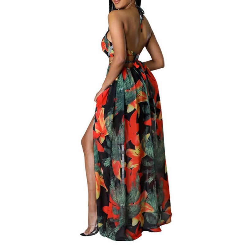 Product Introduction of Floral Print Maxi Dress For Women Stylish French Halterneck Summer Dress Mid Length Camisole Dress Elegant High Split Dress 61