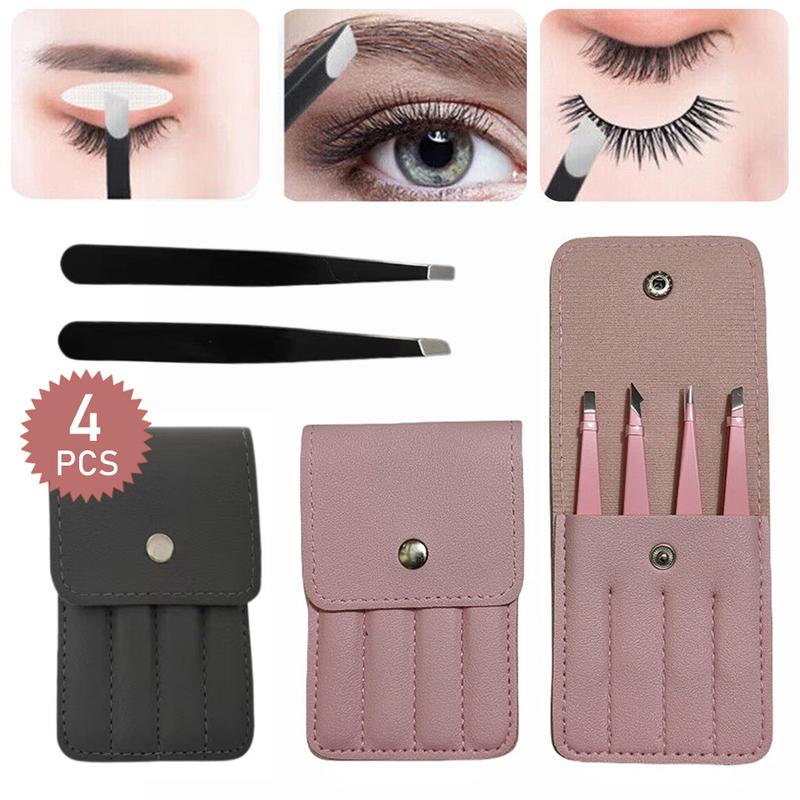 [Grocery Hub] 4-Pieces Professional Stainless Steel Tweezers Set Eyebrow Hair Pluckers w/Case 1