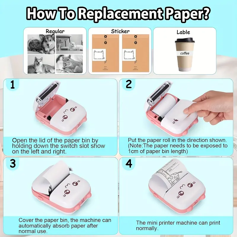 Portable Mini Thermal Printer - USB-Powered, 5 Rolls Self-adhesive Printing Paper,Cute Animal Design for Photos & Labels, Ideal for Travel, School, Office - Perfect Gift for Birthdays, Anniversaries 5