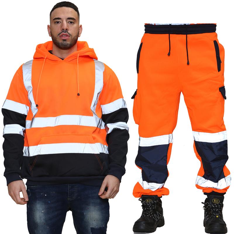 Men's Hi Vis Viz Tracksuit Pullover Hoodie & Jogging Bottom Trouser - High Visibility Safety Security Work Wear Sweatsuit Set 6