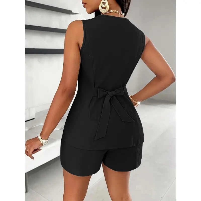 Conjunto de Pantalones Elegantes de Color Sólido, Chaleco Ajustado de Cuello en V de un Solo Pecho y Pantalones Cortos Sencillos para el Verano, Ropa de Mujer 4