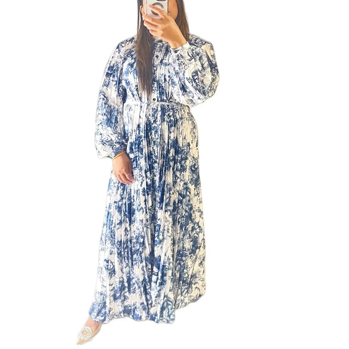 Blue printed dress Pleated Womenswear Polyester Summer Long Sleeve Casual Wear
