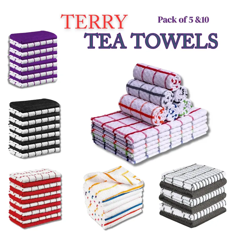 100% EGYPTIAN COTTON TERRY TEA TOWELS SET KITCHEN DISH CLOTHS DRYING CLEANING MULTI PACK OF 5 & PACK OF 10 RED PLUM BLACK GREY MULTI COLOUR TEA TOWEL TERRY TOWELING SET LARGE TERRY TOWEL 100% PURE SUPER SOFT AND ABSORBENT EASILY MACHINE WASHABLE 0