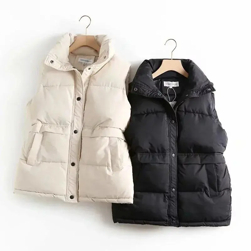 Autumn Winter Women Solid Loose Vest Drawstring Stand Collar Long Vest Jacket  Cotton Padded Women Windproof Warm Waistcoat 3