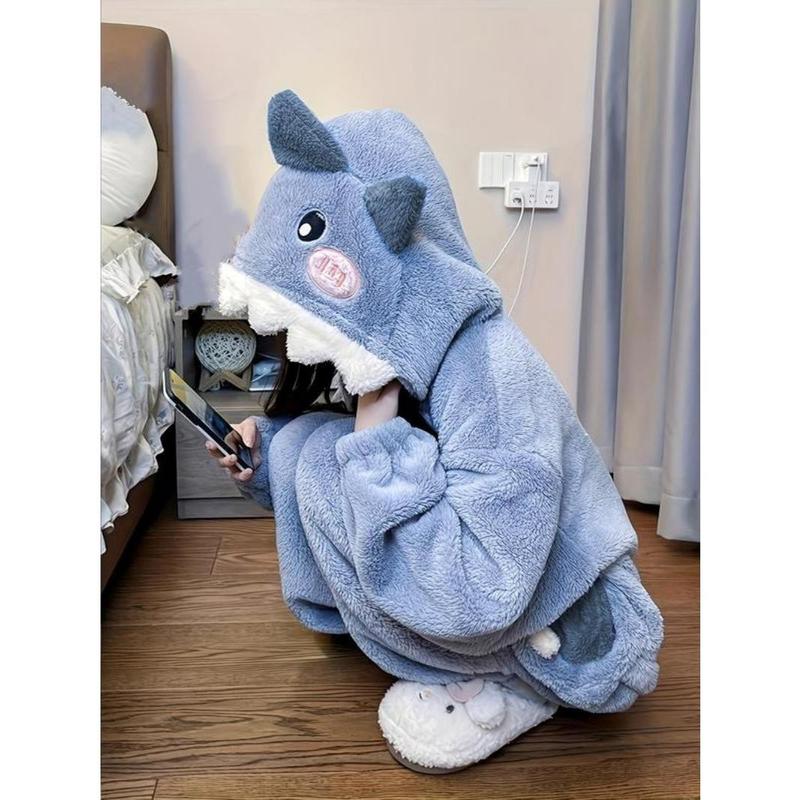Women's Cartoon Shark Design Pocket Drop Shoulder Plush Loungewear Onesie, Casual Cute Long Sleeve Hooded PJ Onesie for Fall & Winter, Lady's Sleepwear for Indoor Wear, Boo Basket Items for gf 4