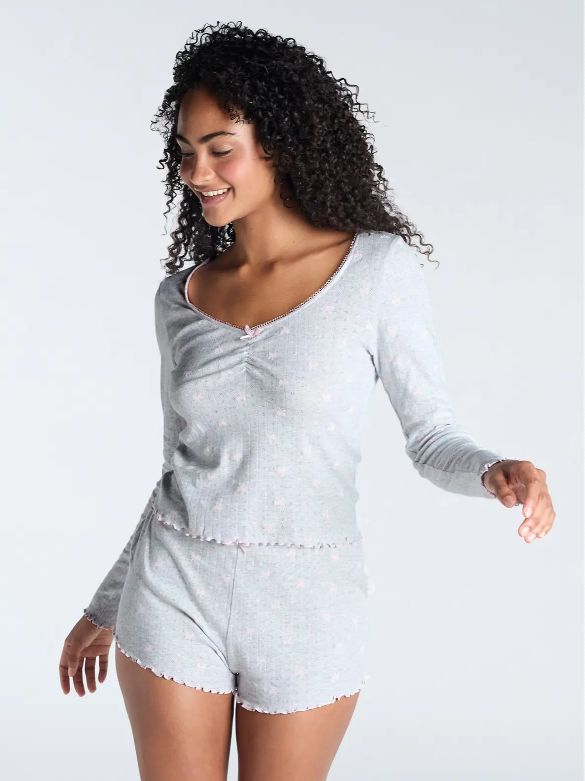 Women's Bow Pointelle Cotton Short Pyjama Set Grey Marl Mix Comfort Fabric Long Sleeve Loungewear