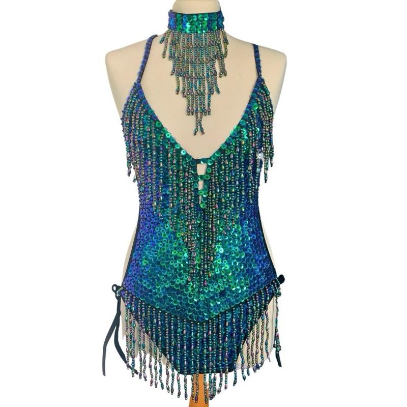 Mermaid Green Sequin Tassel Leotard for Women - Festival Fashion & Dance Costume - Comfortable, Statement, Stitch, Fits, Medium, Piece 0