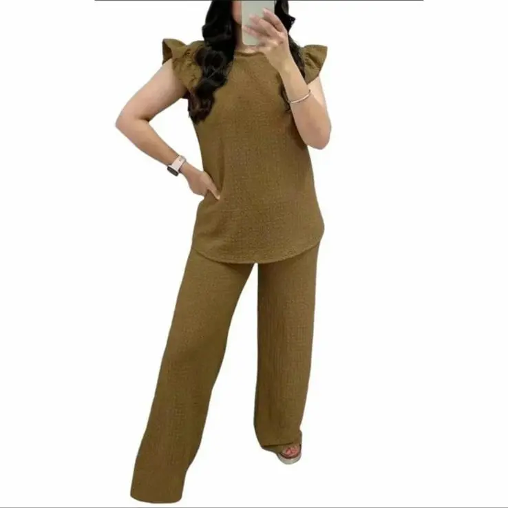 Women's Loungewear- Pop Corn Fabric Frill Short Sleeve Top and Palazo Trousers - UK Size 8-20 -Comfortable Set Womenswear 4