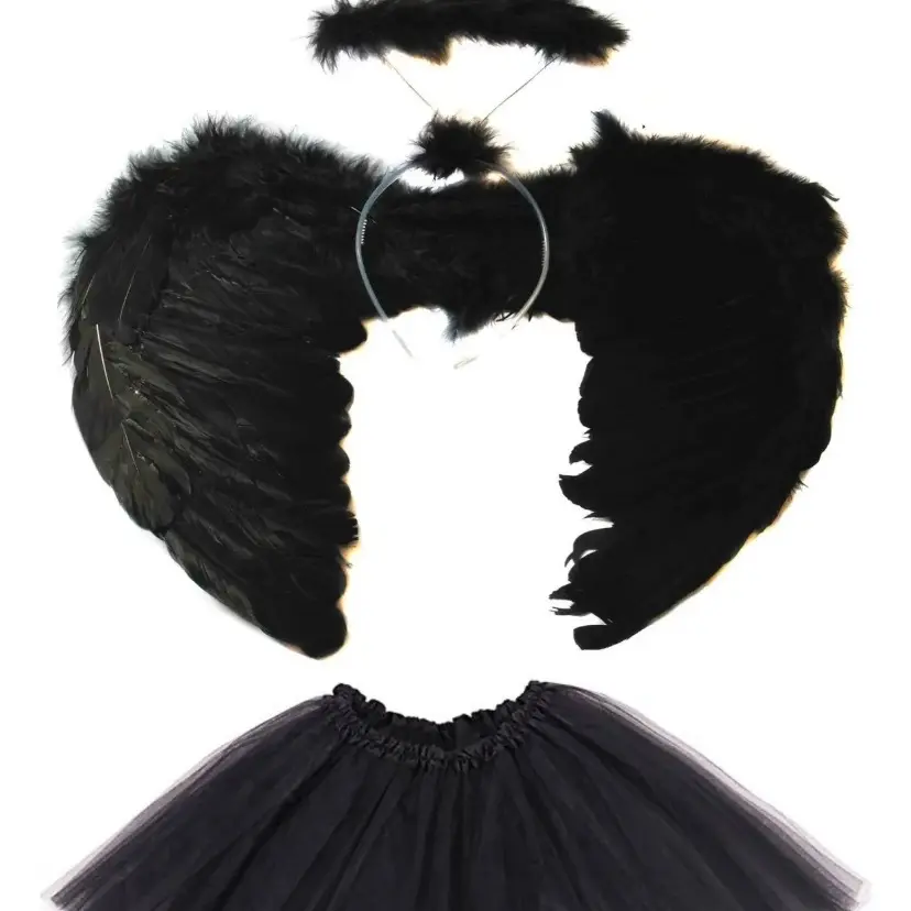 Black Feather Wings, Halo and Matching Tutu - Dark Angel Halloween Costume