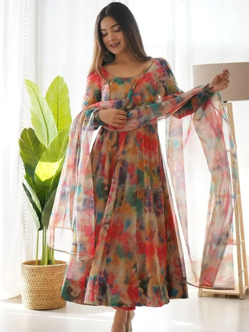 Floral Reddish Orange Organza Tebby Silk Anarkali Suit With Dupatta