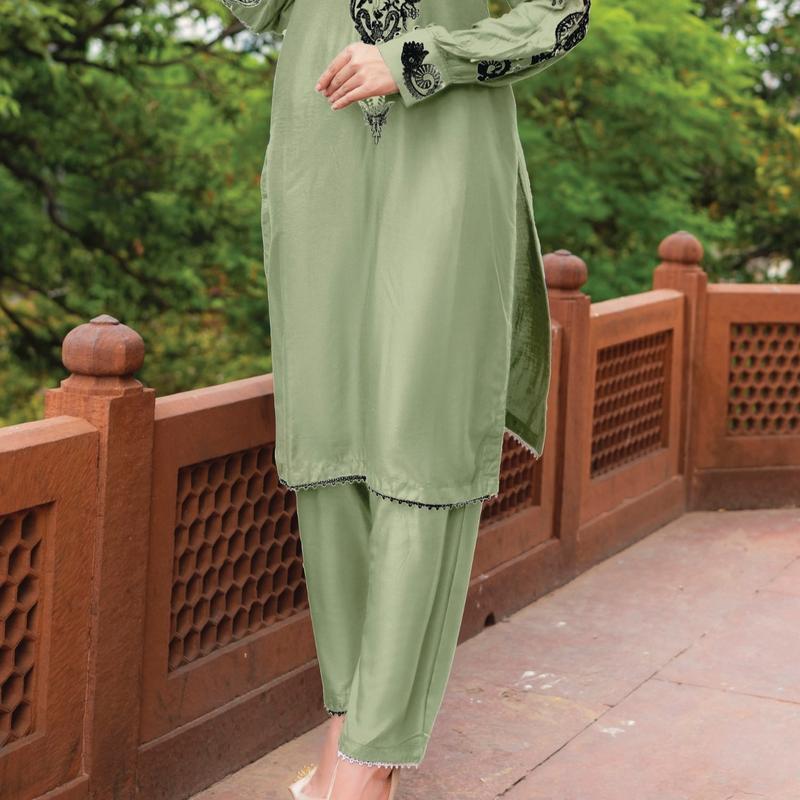 Haneen Collection By Momina Designer | PD-440-5 - 2 Piece Stone Linen Embroidered Kurti With Trouser  | Womenswear Elegance 3