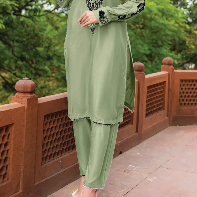 Haneen Collection By Momina Designer | PD-440-5 - 2 Piece Stone Linen Embroidered Kurti With Trouser  | Womenswear Elegance 3