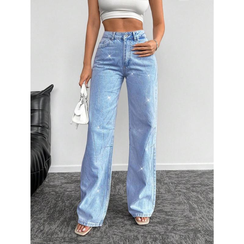 Product Introduction of ​Women's BottomsWomen's Loose Wide Leg Jeans With Rhinestone Decor【S30】 Womenswear Bottom Trouser Pants Streetwear Denim Comfort Wideleg Pocket Basic Blue Minimalist whale  tail  baggy  jeans 19