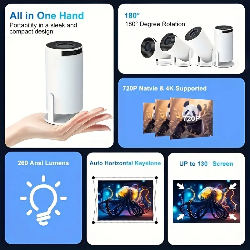 Sharp Display, Ultra-Portable 4K Mini Projector - Smart WiFi & Wireless, Adjustable Screen, 180° Rotation, USB Powered - For Movie Nights & Gaming - Perfect for Home Entertainment & Travel 3