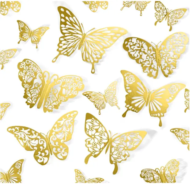 Butterfly Decorations, 72 Pcs 6 Styles 3 Sizes Butterfly Wall Decor, Butterfly Party Decorations, Butterfly Wall Stickers 3D Wall Art for Room Decor Birthday Baby Shower (Gold)
