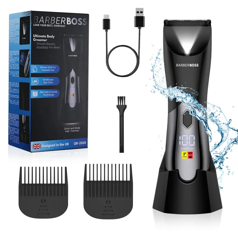 BarberBoss Body Groomer for Men - Ball and Body Hair Trimmer, Groin, Pubic, and Body Shaver, Model  Comfort Smooth Adjustable, QR-2020 0