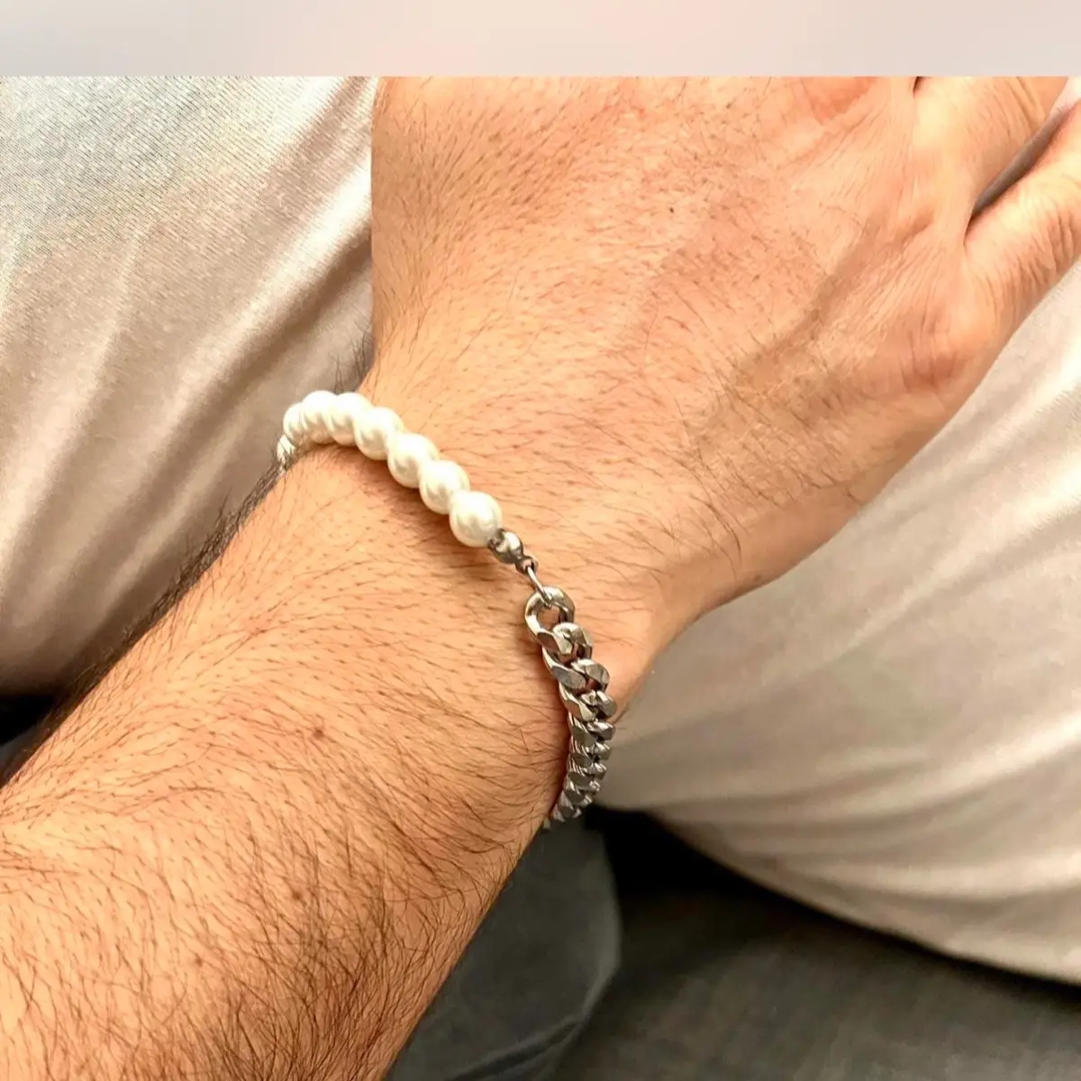 High Quality, Stainless Steel curb chain and pearl Men’s bracelet