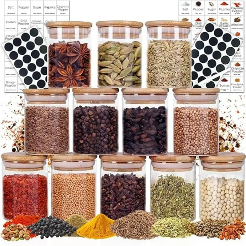 Fast Shipping -  Premium Spice Jars with lids and labels – Spice Jars 12 pack with 116 labels – Kitchen Cereal Storage & organization of Spice Jars with Bamboo Lids. Herbs, Coffee, Seeds, Nuts Container, 200ml-250ml 0