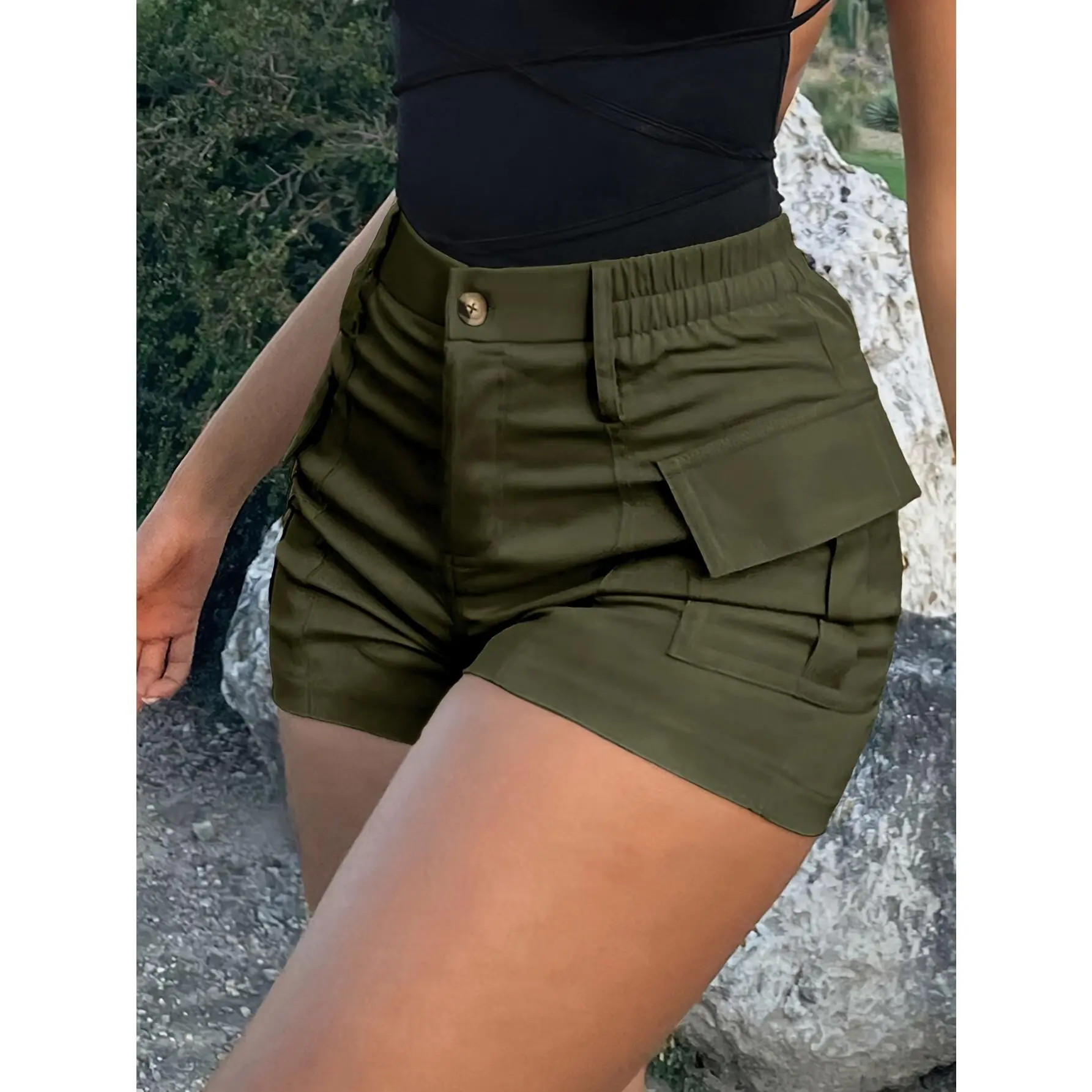Flap Pocket High Waist Cargo Shorts, Vacation Fashion Shorts For Spring & Summer, Women's Clothing