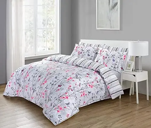 Butterfly Flowers Printed Egyptian Cotton Duvet Cover Set - 200 Thread Count, All Sizes Available