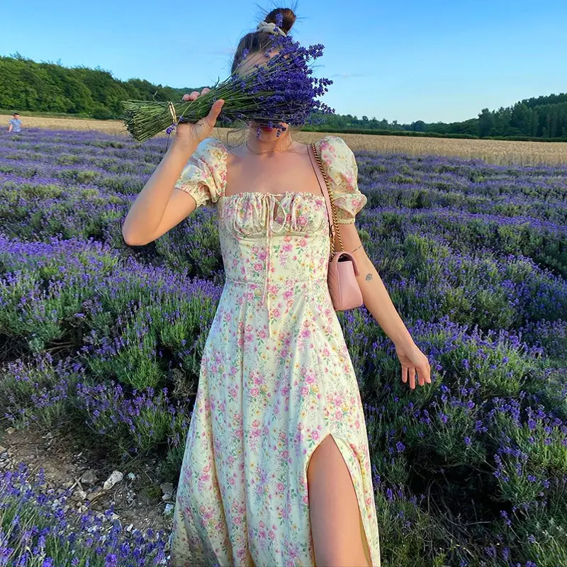 Women's Y2k Retro Bodycon Long Dress Summer Bohemian Floral Print Puff Sleeve Square Collar Tie-up High Split Dress Streetwear 1