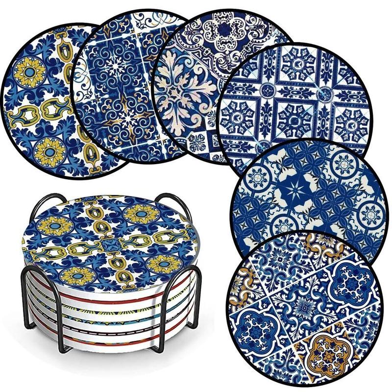 Turkish Patterned Coasters for Drinks Pack of 6 Ceramic Marble Coasters with Metal Holder, 4 Inches 8 Different Mandala Patterns, Suitable for Wooden Table and Kinds of Cups Tableware Round Set Tea Coffee 0