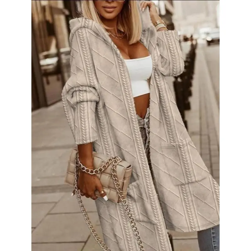 Women's Solid Color Textured Pocket Hooded Coat, Casual Long Sleeve Open Front Outerwear for Fall & Winter, Women's Clothing for Daily Wear