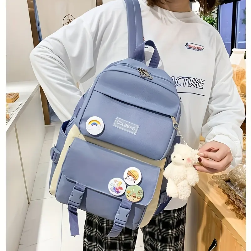 4pcs/set Simple Casual Backpack Large Capacity School Bag Travel Bag Canvas Shoulder Bag For Students 8