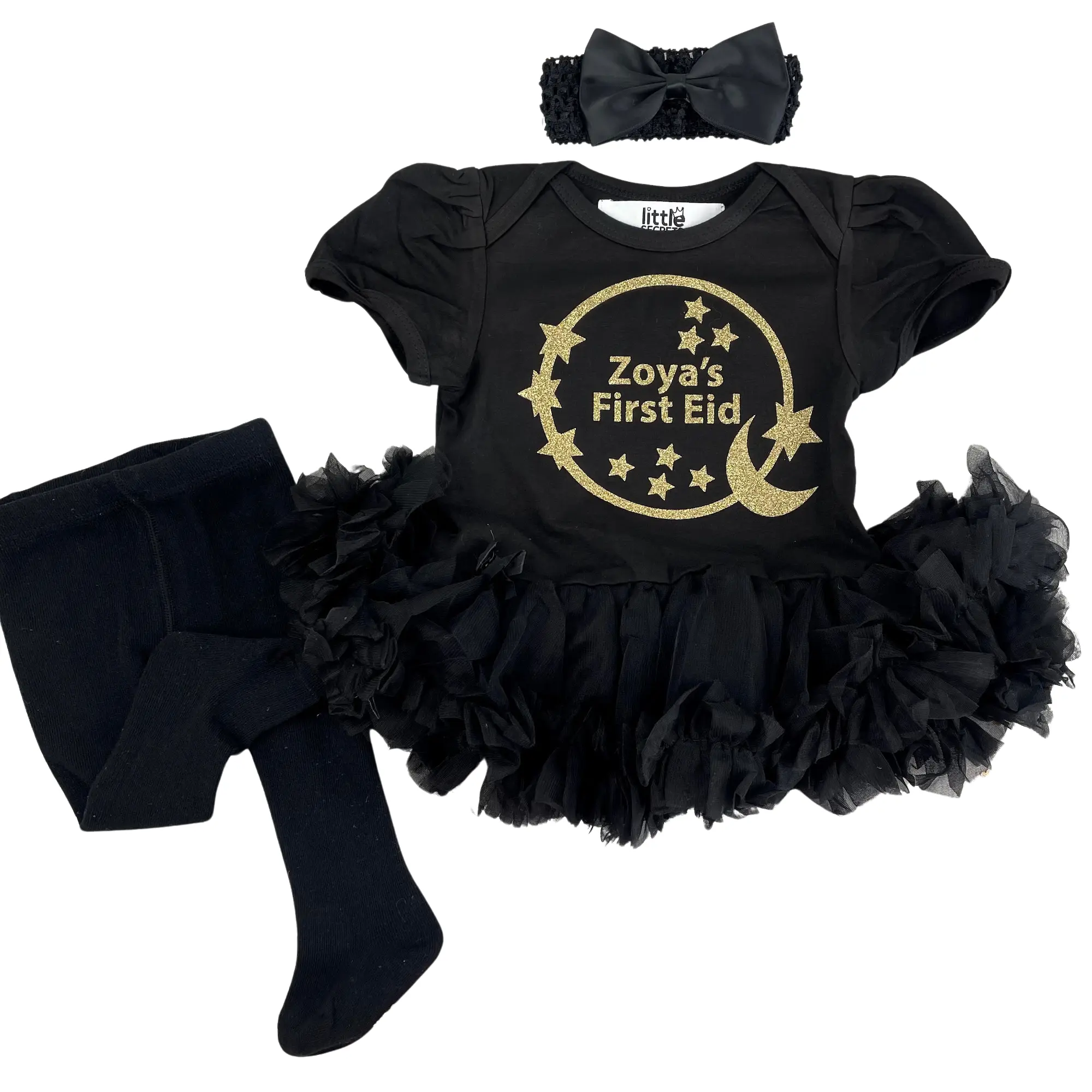 Personalised Baby Girls First Eid Outfit Set, Dress & Tights
