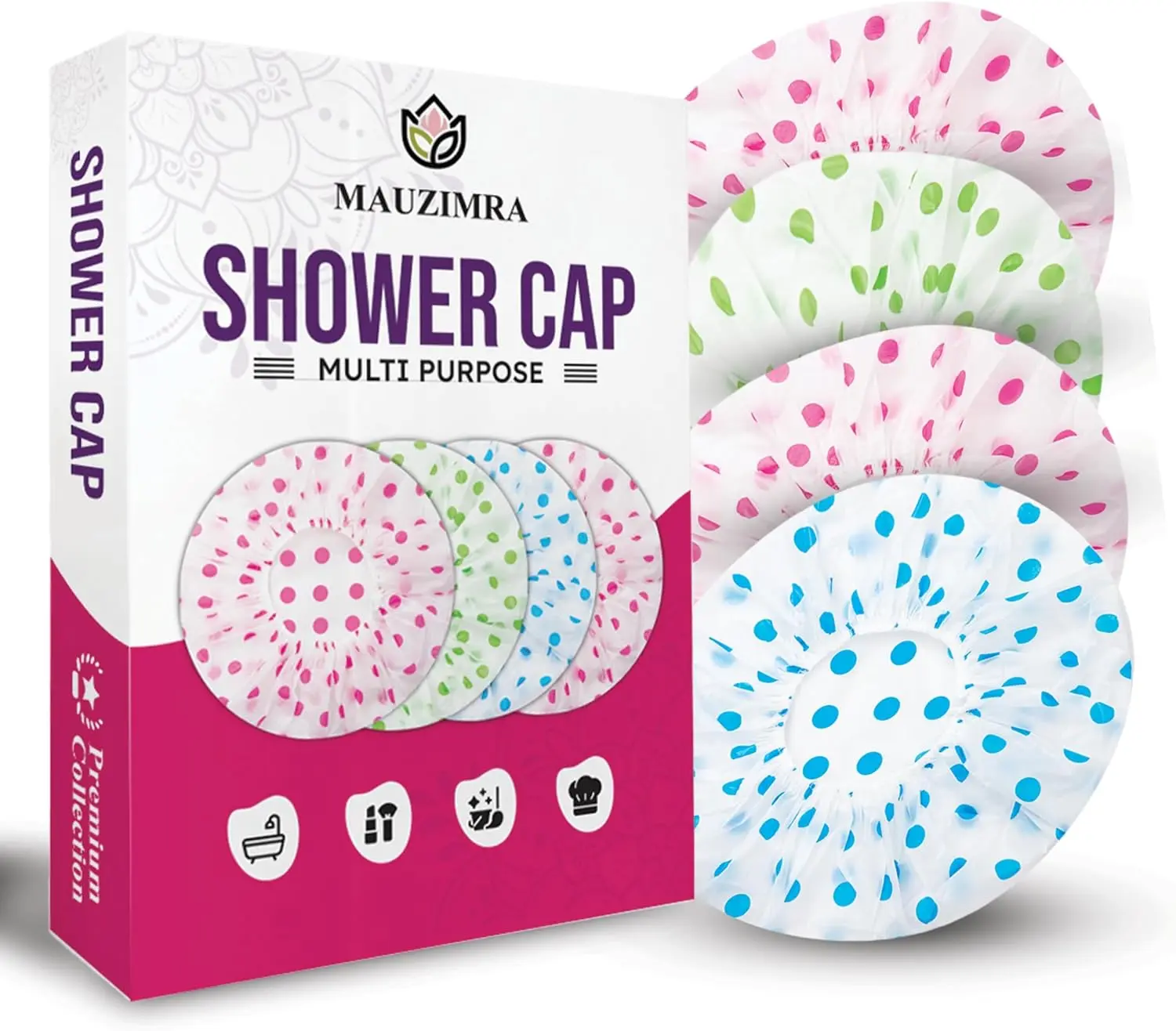 4 Pack Shower Caps for Women/Men, Light Weight Plastic Shower Caps for Women UK 30cm Width with Good Quality Elastic, Perfect for Use at Home