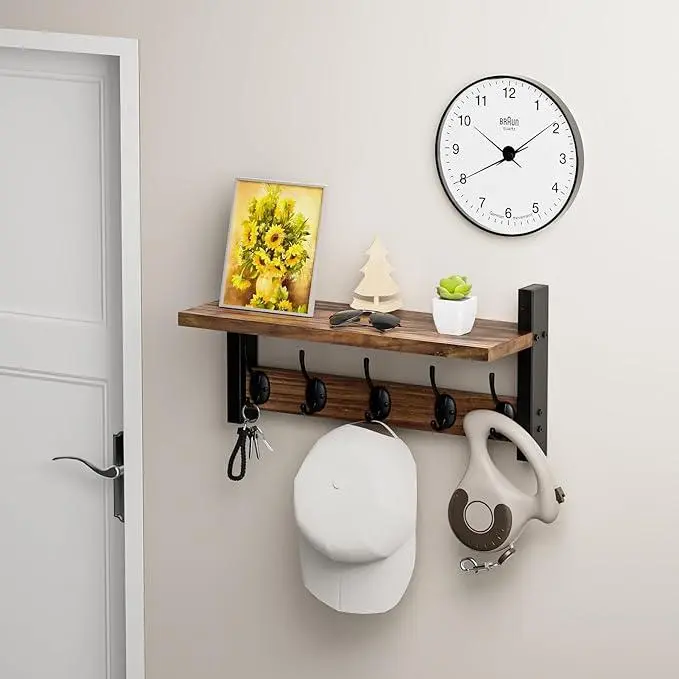 Swarve Wall Mounted Coat Rack with Storage Shelf and 5 Metal Hooks for Entryway, Hall, Bathroom, Bedroom, Kitchen, Living Room Decor - Hanging