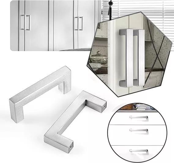 CZC HOME 15 Pack Cabinet Handles, Stainless Steel Drawer Square Drawer Pulls, 76mm Hole Center Cupboard Handles with 2 Sizes Screws for Kitchen Dresser Door Brushed Nickel 3