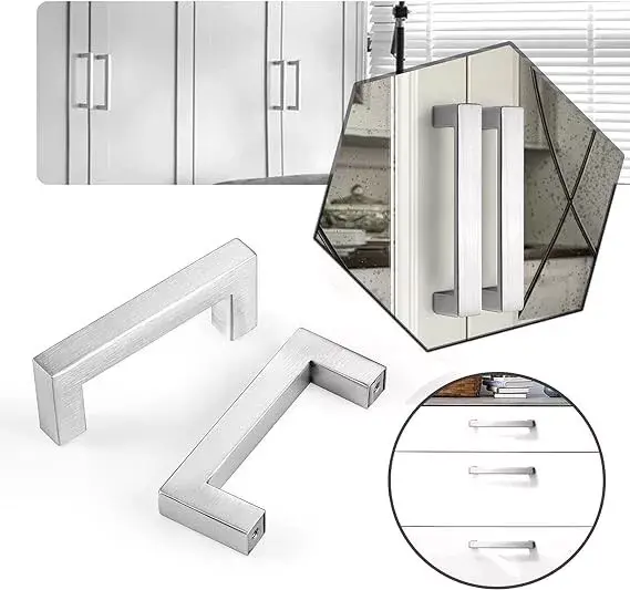 CZC HOME 15 Pack Cabinet Handles, Stainless Steel Drawer Square Drawer Pulls, 76mm Hole Center Cupboard Handles with 2 Sizes Screws for Kitchen Dresser Door Brushed Nickel 3