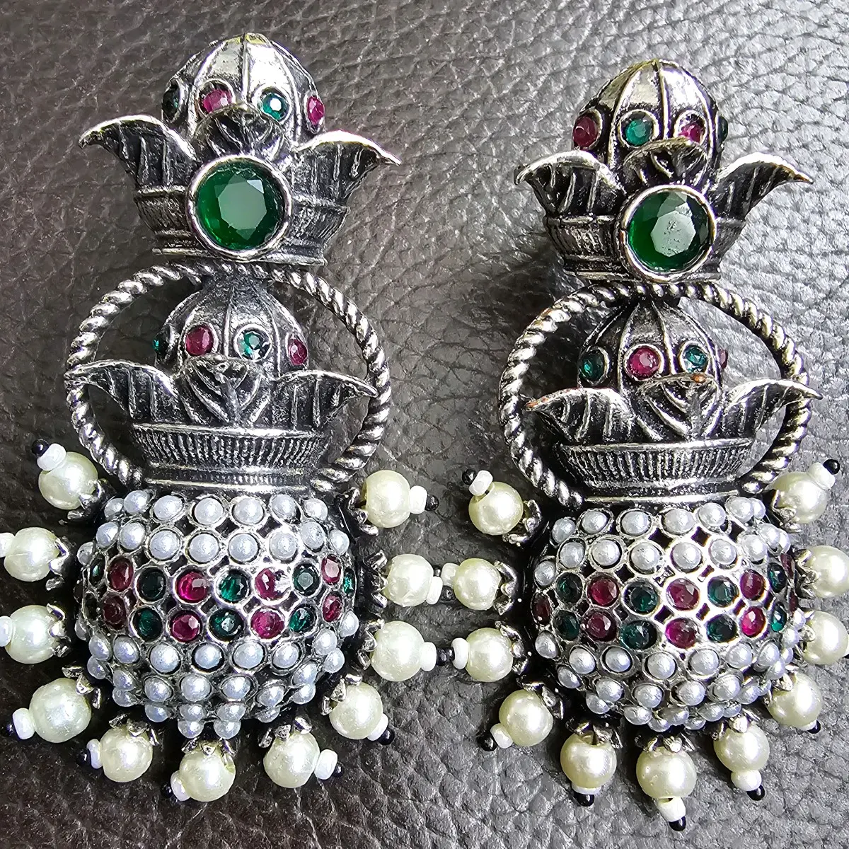 Elegant Oxidised Earrings with Intricate Beadwork and Gemstones