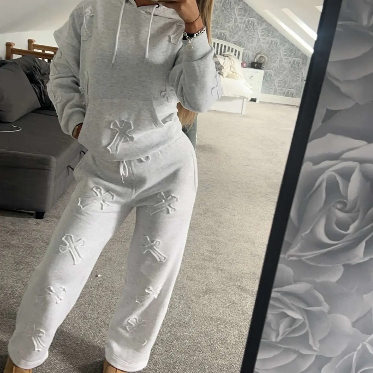 Cross Embroidered Hooded Fleece Co-ord Tracksuit Set - Hoodie and Joggers