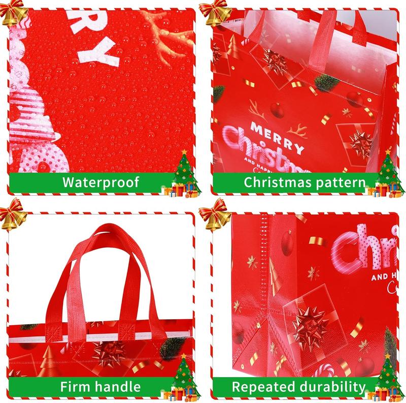 Large Christmas Tote Bags with Handle, 6 Pack Reusable Xmas Grocery Carrier Gift Bags,Waterproof Shopping Bags for Christmas Presents Party Holiday Decoration Lovely Design 2