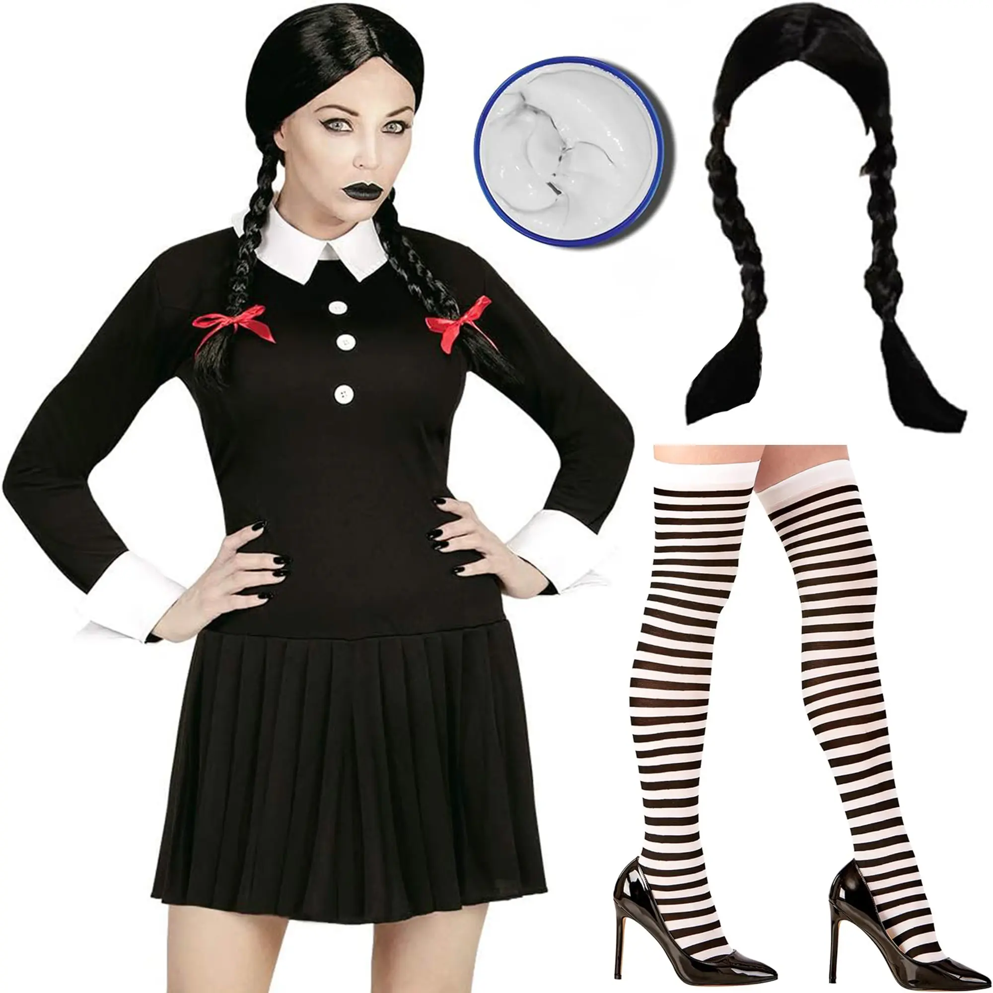 Women's Wednesday Addams Family Costume Dress + Wig + Stocking + Face Paint for Ladies Gothic Manor Daughter Halloween Cosplay Party Fancy Dress Accessory Set Collar Womenswear