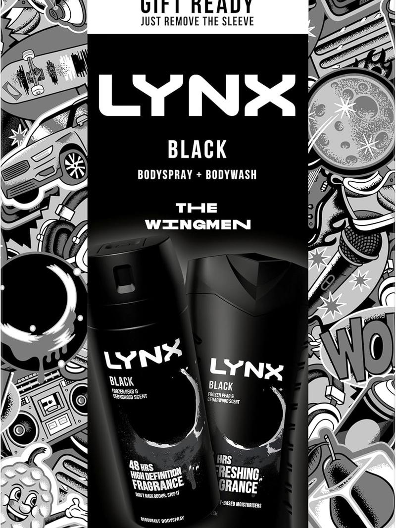 Product Introduction of LYNX Black The Wingmen Duo Deodorant Gift Set Body Wash & Body Spray perfect for his daily routine 2 piece Wax Cosmetic Body Care Soap Hydrate Moisturizing Pack Sensitive Cleanser Cleansing Scented Scent Aroma Scent 6