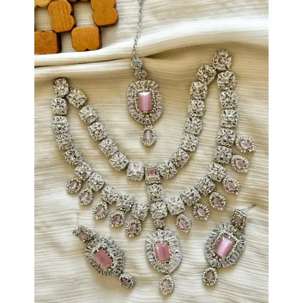 Zircon  Double Layer NeckLace Set Earings Maang Teeka 0
