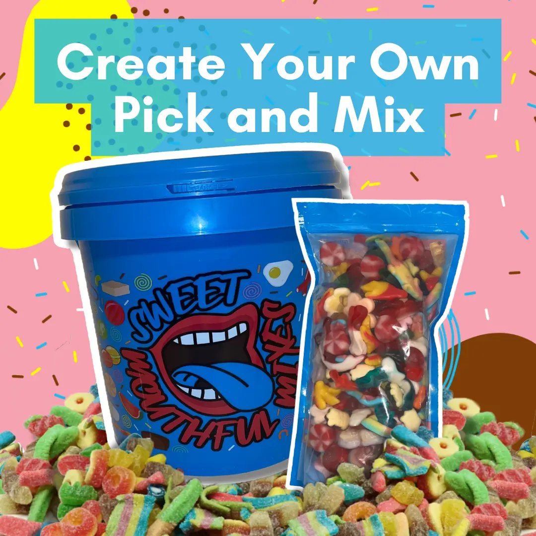 Create Your Own Pick and Mix Sweets | Choose from 500g (5 sweets), 1kg (10 sweets), or 5kg (50 sweets) | Minimum of 5 Selections at 100g Each | All Items Added to Your Basket Will Be Bagged in a Colourful Resealable Pouch or 5kg Bucket