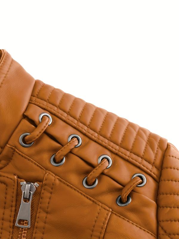 Faux Leather Zip-up Biker Jacket, Casual Long Sleeve Lace Up Lapel Jacket For Spring & Fall, Women's Clothing 7