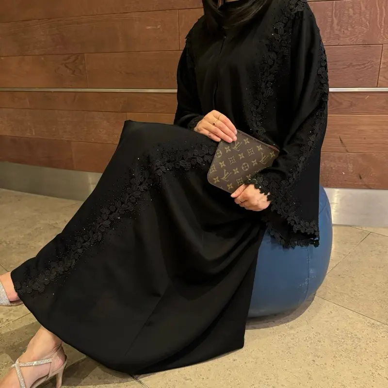 Amaal Elegant Black Lace Abaya with Matching Scarf, Size 50-62 3